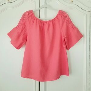 Terzo Millennio Italy Coral Linen Crochet Insert Short Bell Sleeve Top Large